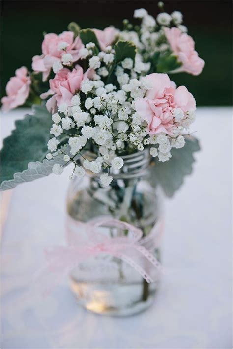 Backyard Pink Gray And Lace Wedding Mason Jar Flower Arrangements