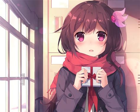 Anime Girl Valentines Day 2017 Shy Expression Red Scarf Anime 1080p