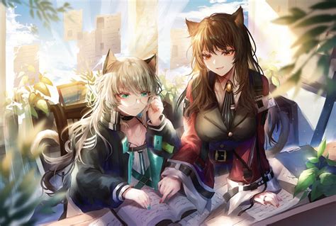 2girls Animal Ears Aqua Eyes Arknights Book Brown Eyes Brown Hair