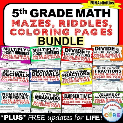 5th Grade Math Mazes Riddles And Color By Number Bundle