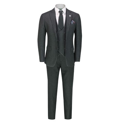 Mens 3 Piece Grey Pinstripe Suit Classic Tailored Fit Jacket Waistcoat
