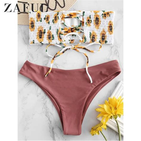 zaful bikini set bandeau sunflower swimwear women swimsuit shirred sexy low waist strapless