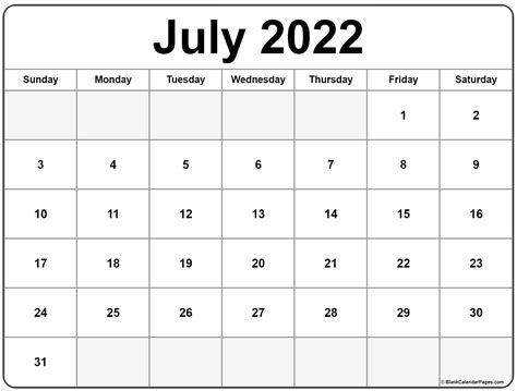 Blank Calendar July 2022 Printable Printable Word Searches