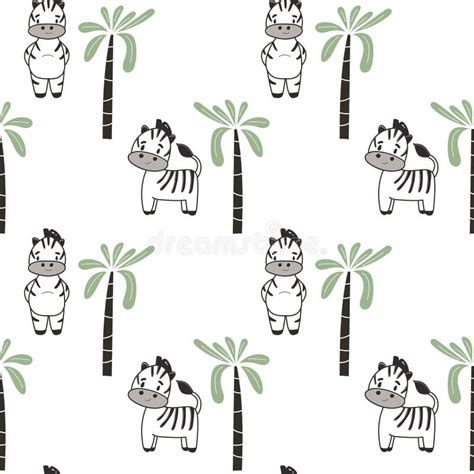 Cute Seamless Pattern With Little Zebra And Palm Tree Vector Print For