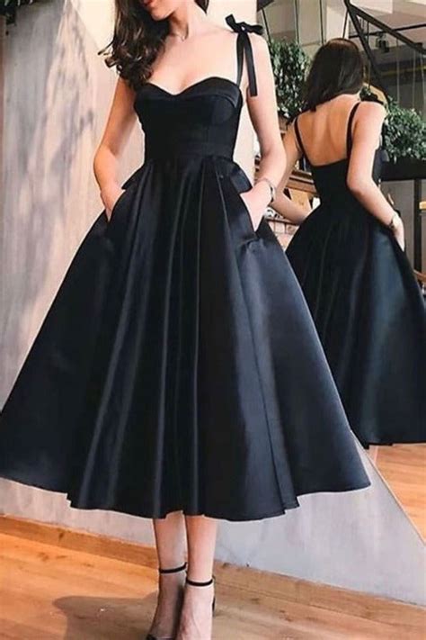 vintage inspired tea length black 50s prom dress with pockets 50s style bridesmaid dress 081619