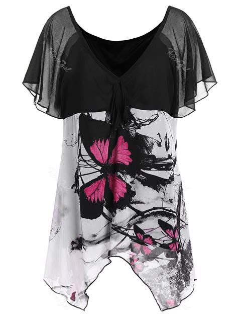 29 Off Plus Size Chiffon Butterfly Print Top Rosegal