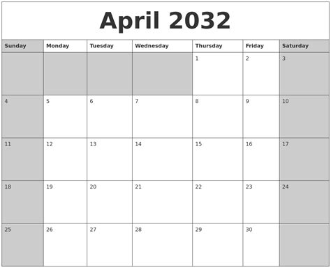 April 2032 Calanders