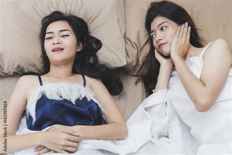 Snoring Woman Asian Girls Can Not Sleep Covering Ears With Hands For Snore Noise Sleeping In