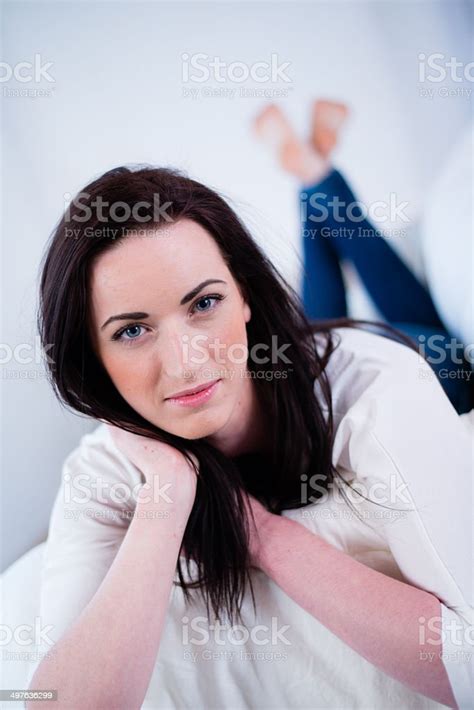 Portrait Cheerful Young Caucasian Woman With Black Hair Blue Eyes Stock