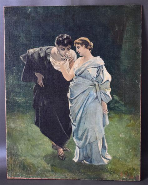 Antique Romantic Oil Painting Of A Couple In Antique Style Dress