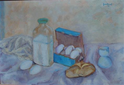 Joan Sher Two Works Still Life With Eggs Bread And Milk Still Life