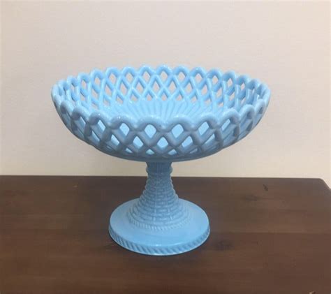 Vintage Blue Milk Glass Lace Pedestal Bowl Aqua Basket Weave Etsy Blue Milk Milk Glass