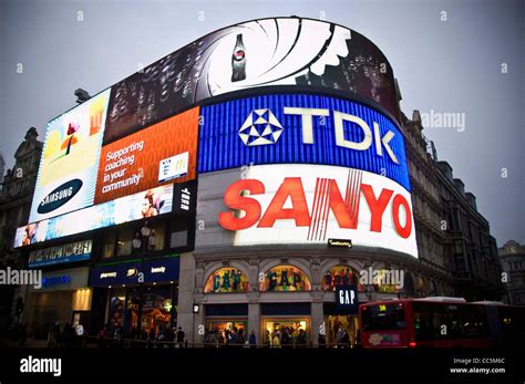 Illuminated Neon Advertising Signs At Piccadilly Circus London Stock