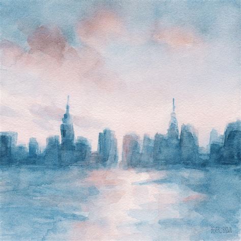 New York City Skyline Coral And Aqua Painting By Beverly Brown Prints