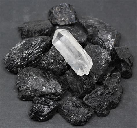 Raw Black Tourmaline Rough Stones Large Clear Quartz Crystal Point