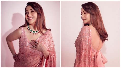 Madhuri Dixit Paints Our Timelines Gulabi In Sequin Saree And Her
