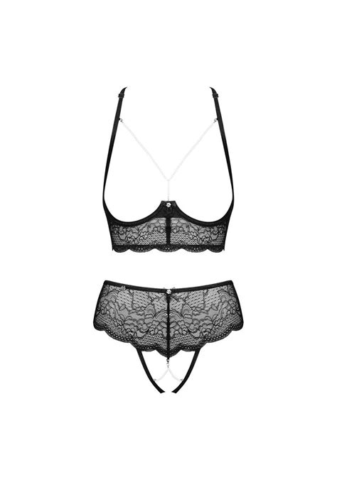 Pearlove Black Lace Cupless Lingerie Set Open Bralette Open Crotch Panties Open Chest Sexy See