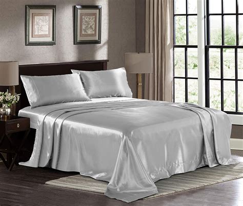 Satin Sheets King 4 Piece Grey Hotel Luxury Silky Bed Sheets Extra