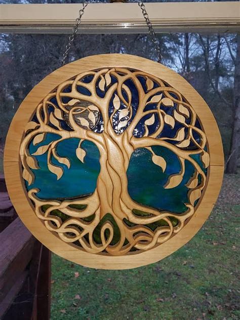 Tree Of Life W Stain Glass Wood Carving Art Intarsia Wood Wood Art