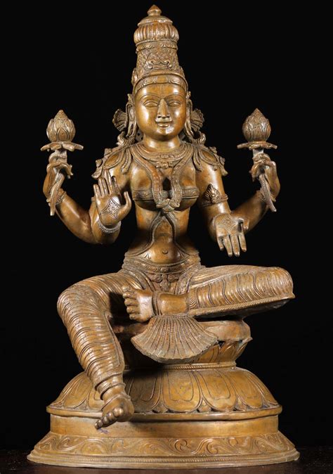 Beautiful Brass Seated Hindu Goddess Lakshmi Statue Seated On Circular