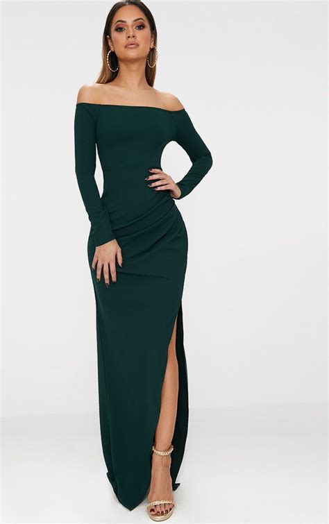 Emerald Green Wrap Over Long Sleeve Bardot Maxi Dress Green Prom