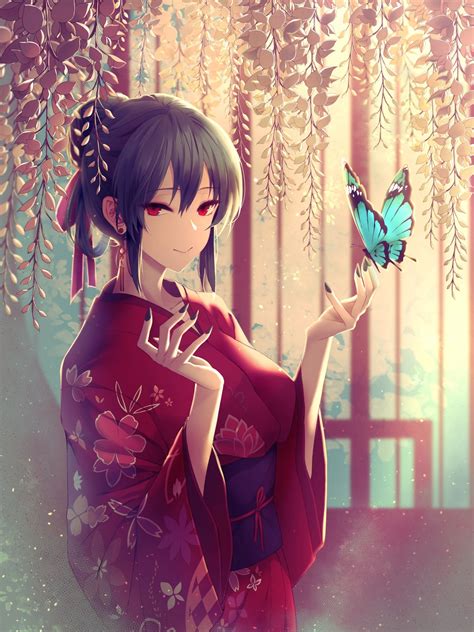 Anime Girl Kimono Blue Butterfly Short Hair Red Short Black Hair