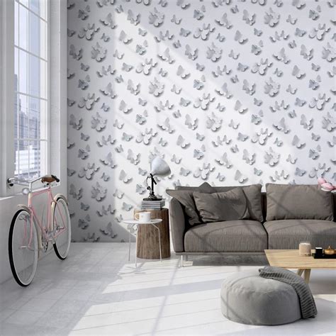 3d Glitter Light Grey Butterfly Wallpaper By Muriva J92709