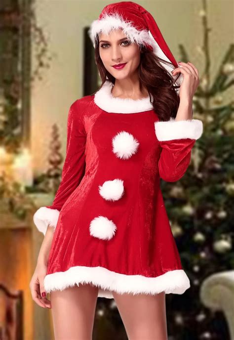 Long Sleeves Christmas Cosplay Costumes With Hat Sexy Festive Sleigh Belle Santa Costume Sexy