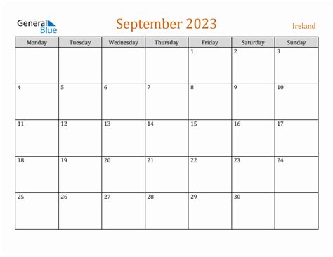September 2023 Ireland Monthly Calendar With Holidays