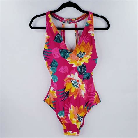 Kona Sol One Piece Swimsuit Sz L 12 14 Strappy Pink Tropical Floral