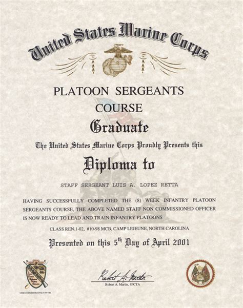 Platoon Sergeants Course Certificate Usmc