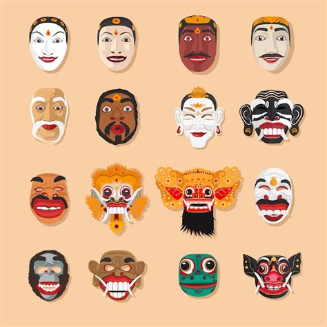 Topeng Bali Balinese Mask Collection Set Premium Vector