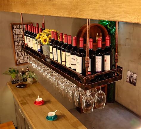 Industrial Style Ceiling Mounted Wine Bar Wall Rack Hanging Glass Rack And Hanging Bottle Holder
