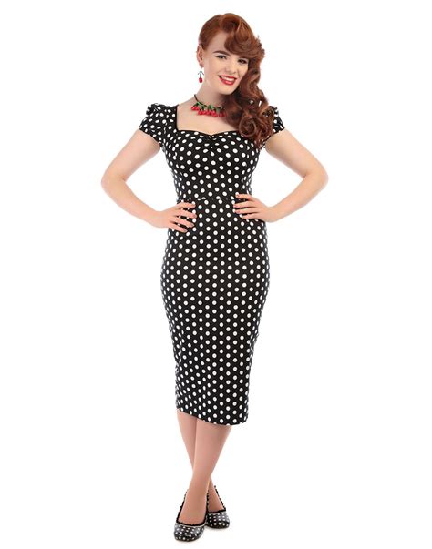 COLLECTIF Mimi Retro 50s Polka Dot Pencil Dress In Black White