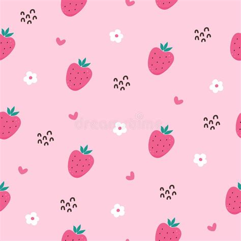Cute Vector Seamless Pattern With Hand Drawn Strawberries In Pink