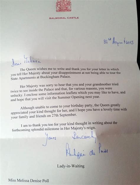 If, for some reason, you. Melissa Poll invites the Queen to her birthday party and receives a letter of response - goodtoknow