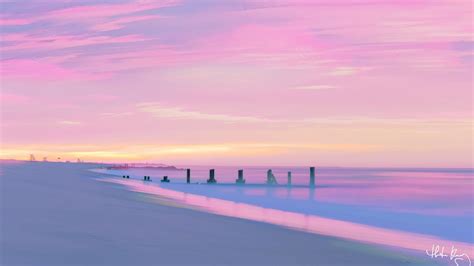 Download Wallpaper 2048x1152 Beach Sea Water Sunset Purple