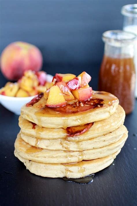 Bourbon Peaches And Coconut Cream Pancakes With Bourbon Cream Syrup