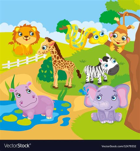 Vector Illustration Of Zoo Animals Lion Hippo Zebra Monkey