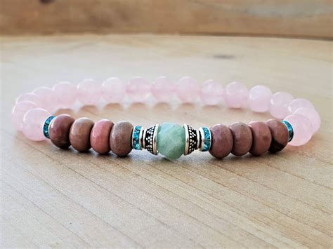 Healing Bracelet Rose Quartz Rhodonite Amazonite Crystal Energy Mala Bracelet Yoga