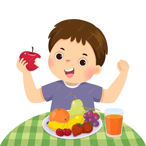 caricatura de un niño comiendo manzana roja y mostrando su fuerza vector premium