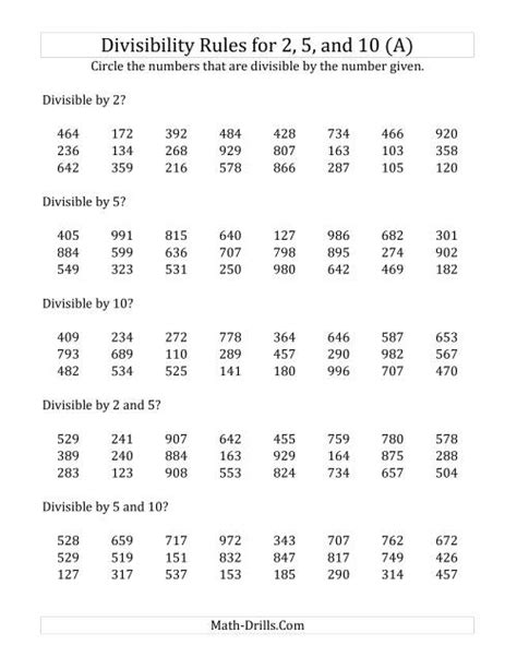 Numbers Divisible By 2 3 5 9 10 Worksheets