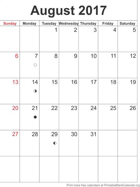 August 2017 Blank Calendar Template Printable Blank