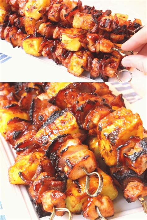 Grill kabobs for 20 minutes or until soft, turning and basting with marinade frequently. BBQ Chicken Kabobs with Bacon Pineapple | Grilled chicken ...