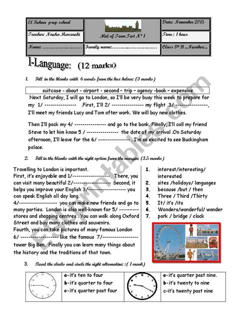 Mid Of Term Test N° 1 8th Form Esl Worksheet By Salma23 Reading