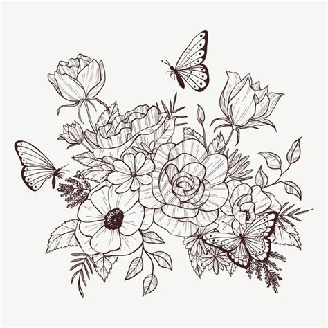 Realistic Hand Drawn Floral Bouquet Beautiful Flower Drawings