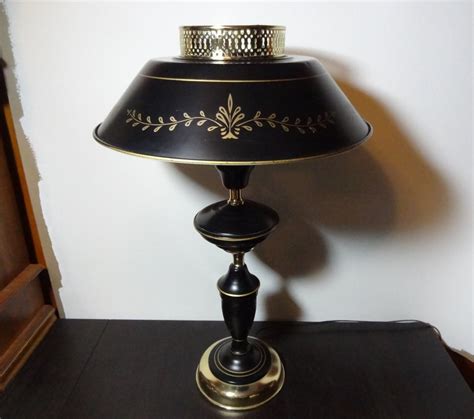 Vintage Tall Black Tole Table Lamp With Painted Gold Garland