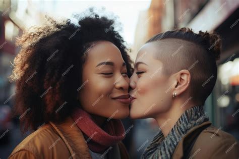 Premium Ai Image Lesbian Couple Kissing In City Street Generative Ai