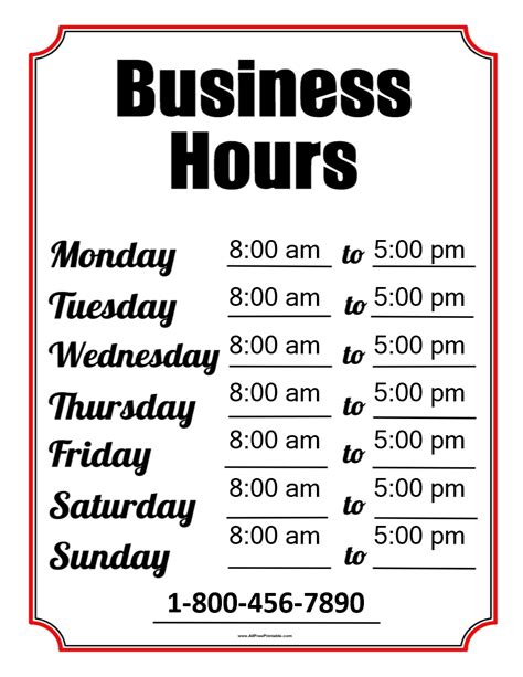 Free Printable Business Hours Sign Template Printable Templates