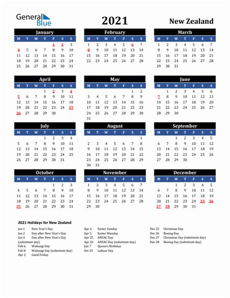2021 New Zealand Calendar With Holidays